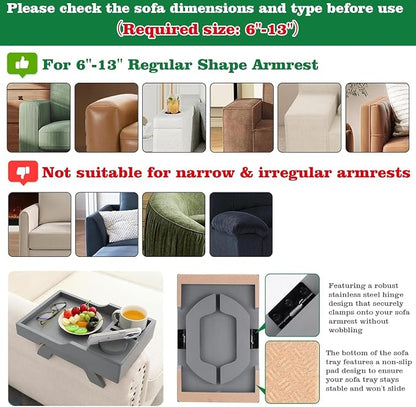 GHKINMAL Couch Cup Holder, 4-in-1 Side Couch Arm Tray with Phone Holder, Sofa Clip on Side Table for Wide Couches Arm, Suitable for Home Drinks/Remote/Snacks-Grey