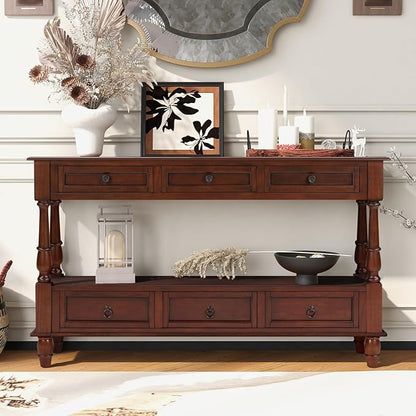KEIKI 54”L Pine Solid Wood Entryway Console Table with 6 Storage Drawers, Vintage Behind Couch Sofa Table with 2 Tiers Open Shelf for Hallway, Entrance, Entry Way, Living Room, Foyer