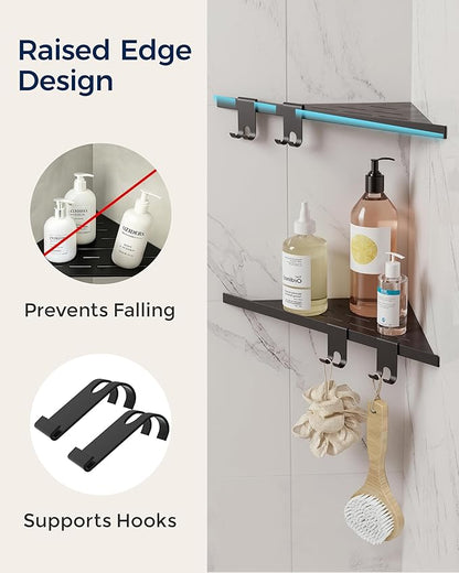 Corner Shower Shelf 10'', 304 Stainless Steel Corner Shelf 2 Pack, Grout in Bathroom Shelves for Tiled Wall, Recessed Shower Shelves Caddy with 4 Hooks, No Drilling (Matte Black)