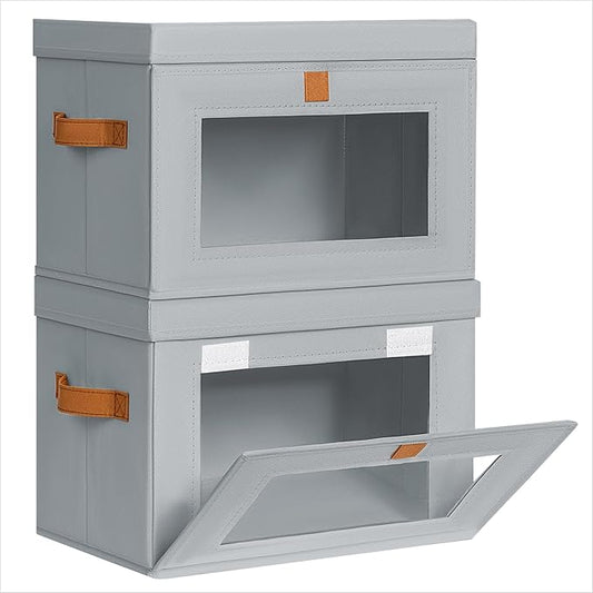 Homsorout Medium Fabric Storage bins - Collapsible Storage Bins with Open Window, 2 Pack Closet Baskets for Shelves, Stackable Decorative Boxes for Home, Dorm, Grey, 13.7"x 9.8" x 9.8"