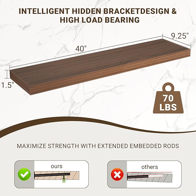 Acovy 40 Inch Floating Shelves, 3D Textured Wood Grain, 40"x9.25"x1.5" Inch Deep Floating Shelves for Wall, Wooden Shelves for Bathroom, Bedroom, Living Room, Walnut, 1 Piece