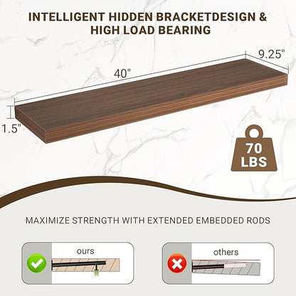 Acovy 40 Inch Floating Shelves, 3D Textured Wood Grain, 40"x9.25"x1.5" Inch Deep Floating Shelves for Wall, Wooden Shelves for Bathroom, Bedroom, Living Room, Walnut, 1 Piece