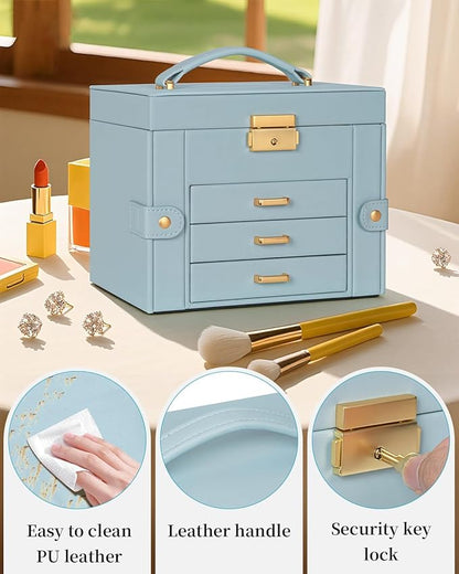 TORIBIO Jewelry Box for Women, Leather Jewelry Organizer with Mirror & Lock, 4-Tier Jewelry Storage Organizer with 3 Drawers for Girls/Women/Mothers, Necklace Earring Bracelets Holder Organizer