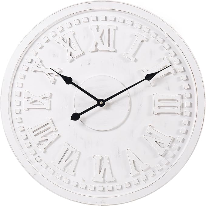 Vintage Wall Clock with Roman Numerals – 24", 30", 36" – Quartz Movement, Black Hands, Distressed Finish, MDF Wood Veneer – Elegant Home Decor, 24"