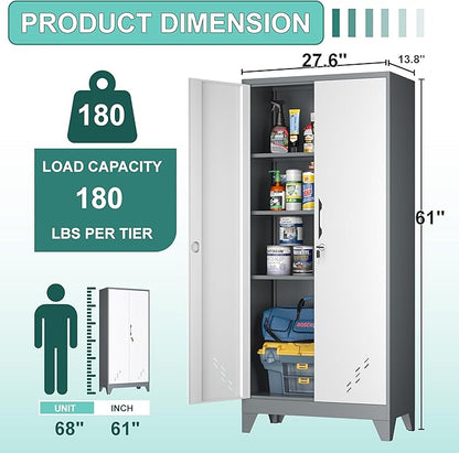 Storage Cabinet 61" H, Locking Cabinet with Doors and Shelves, Metal Pantry Cabinets for Tool Organization,Gray White Cabinet with Removable Pegboard for Garage,Utility Room,Office