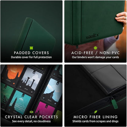 Vault X 9 Pocket Zip Binder, 360 Cards, Exo-Tec Material, 20 Side-Loading Pages (Green)