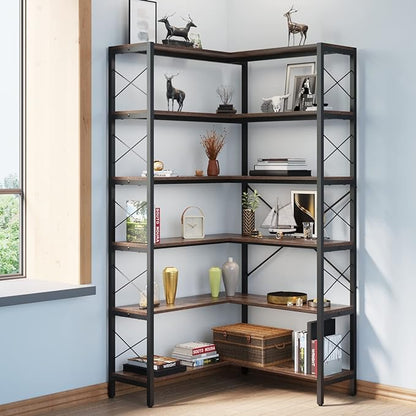 Wildhome 6-Shelf Corner Bookshelf, Vintage Industrial CornerBookshelf Etagere Bookcase, Large Book Shelf with Metal Frame Open Storage Corner Cabinet for Living Room Home Office（Retro Brown）