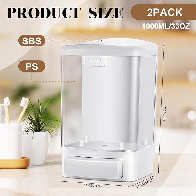 Hushee 2 Pcs Commercial Soap Dispenser Hand Wall Mounted Bathroom 33.8oz/1000ml Manual Soap Dispenser Liquid Containers with Pump White Shower Plastic Wash Wall Container Shampoo Gel for Kitchen Hotel