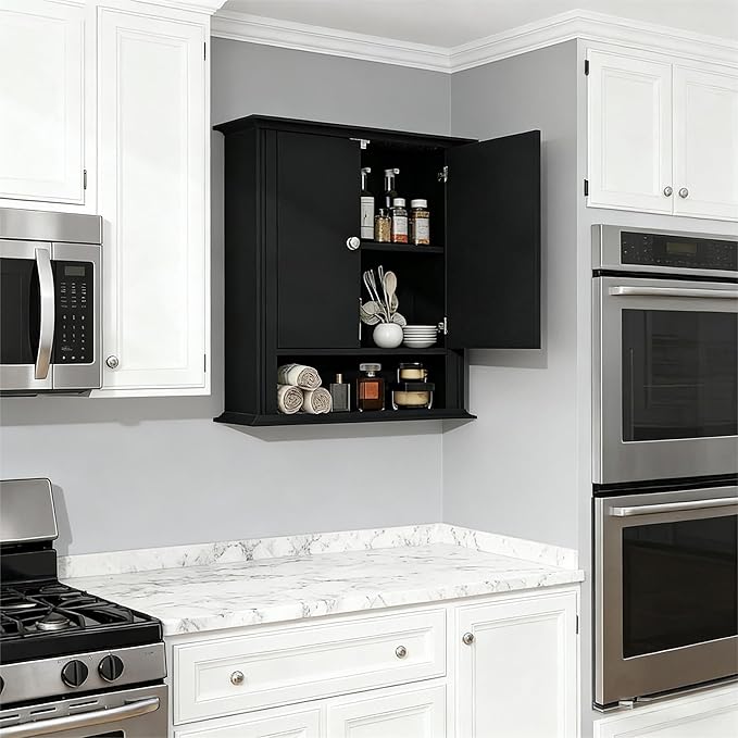 Bathroom Cabinet Wall Mounted| Over The Toilet Storage Cabinet with 2 Doors & Adjustable Shelf, Hanging Wall Cabinet, Upper Cabinet Storage Cupboard for Bathroom,Kitchen,Laundry Room, Black