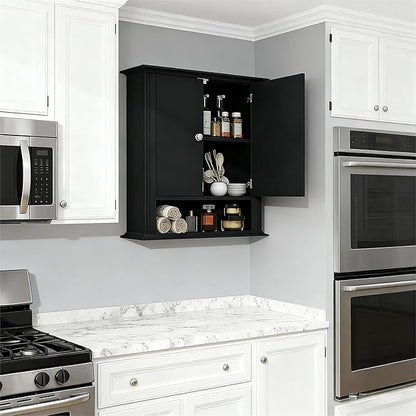 Bathroom Cabinet Wall Mounted| Over The Toilet Storage Cabinet with 2 Doors & Adjustable Shelf, Hanging Wall Cabinet, Upper Cabinet Storage Cupboard for Bathroom,Kitchen,Laundry Room, Black
