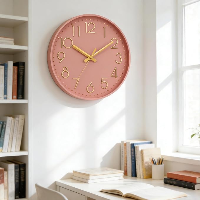 DAXSMY Wall Clock - 8 Inch Silent Non-Ticking Modern 3D Wall Clocks Battery Operated - Decorative Clock for Kitchen, Home Office, Bathroom, Bedroom(Pink)
