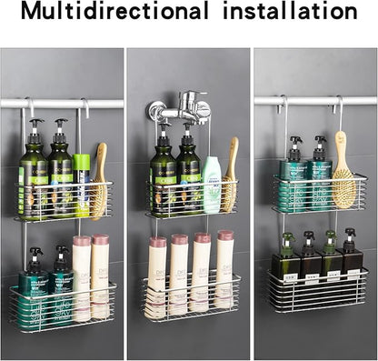 YQh Stainless steel double-layer shower rack, shower room hanging bathroom organizer, storage rack installed on the hanging bar or door, can store shampoo, hair conditioner, shower gel