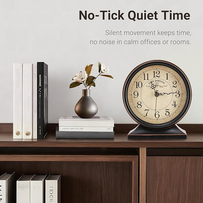 7-Inch Retro Mantel Desk Clocks，Silent Vintage Table Clock with All Metal Frame，Easy to Read Larege Retro Mantel Clocks for Living Room，Fireplace and Shelf Decoration.