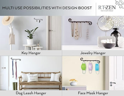 RTZEN Farmhouse Small Key Holder for Wall - Handcrafted Swirl Decorative 5 Key Hooks for Home Entryway - Wrought Iron Wall Mount Rack Purse Coat and Leash Holder or Organizer (Classic Black)