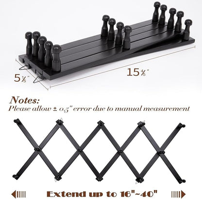 Wall Rack with 14 Hooks, Wooden Wall Expandable Coat Rack for Coat, Hats, Baseball Caps, Coffee Mug, Jewelry(Black)