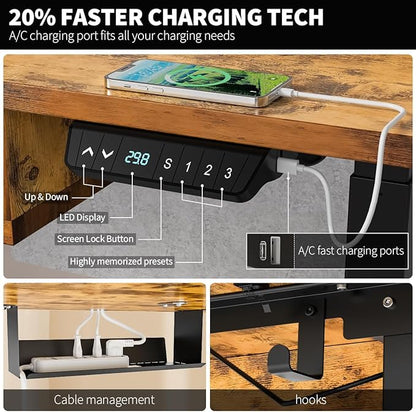 Kingant 63 x 30 Inch Electric Standing Desk with 4 Drawers, Adjustable Height Computer Desk for Home Office, Large Workstation Sit Stand Up Desk with Built-in USB A/C Charging Ports, Rustic Brown