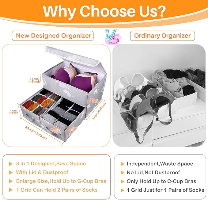 EASEVE Sock Underwear Drawer Divider - Closet Organizers and Dresser Organizer Wardrobe Clothes Box Storage Bins with Lid for Bra, Leggings, Shirt, Panty (1 Pack, Grey)