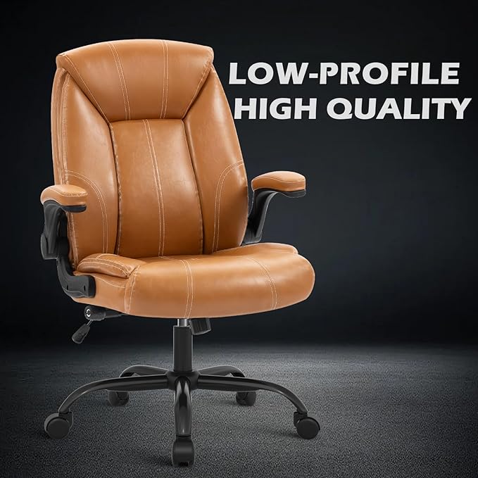 YAMASORO Executive Office Chair,Big and Tall Ergonomic Desk Chair with Adjustable Lumbar Support,Breathable PU Leather Computer Chair wih Flip-up Arms and Wheels, Camel