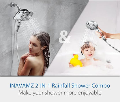 INAVAMZ 2-in-1 Shower Heads with Handheld 2.5GPM: 10” Rain Shower Head & Hand Held Shower Head, 9 Spray Settings Detachable Shower Head with ON/OFF Switch and 15-Stage Filter