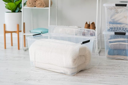 IRIS USA 72 QT Plastic Storage Box with Lid and Latches - 4 Pack - BPA-Free, See-Through Organizing Solution, Durable Nestable Stackable Containers, Secure Pull Handle - Clear