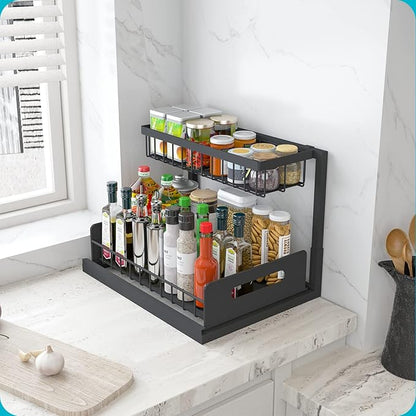 REALINN Under Sink Organizer, L-Shaped 2 Tier Pull Out Cabinet Organizer for Kitchen and Bathroom, Slide Out Under Cabinet Storage, Metal Under Sink Storage with Sliding Drawer, 50 lbs, Black 2 Pack