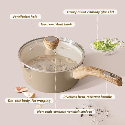 SENSARTE 1.5 & 2.5 Quart Ceramic Sauce Pan Sets with Lid, Cooking Pots Set, Nonstick Saucepan Set with Pour Spout, Small Kitchen Pot, Non toxic Saucepot, Induction Comptable, PFOA PTFE PFAS Free
