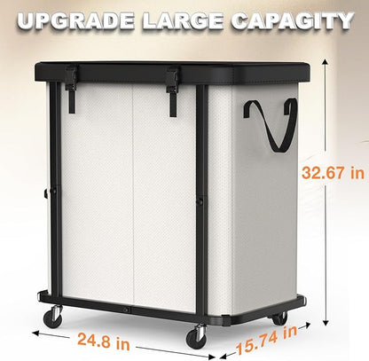 190L (50 Gal) Large Fashion Laundry Basket with Wheels, Leather Patchwork Rolling Hamper Carts, Sturdy Metal Frame, Removable Washable Bag, Tall Clothes Sorter for Bedroom, Laundry Room - Beige
