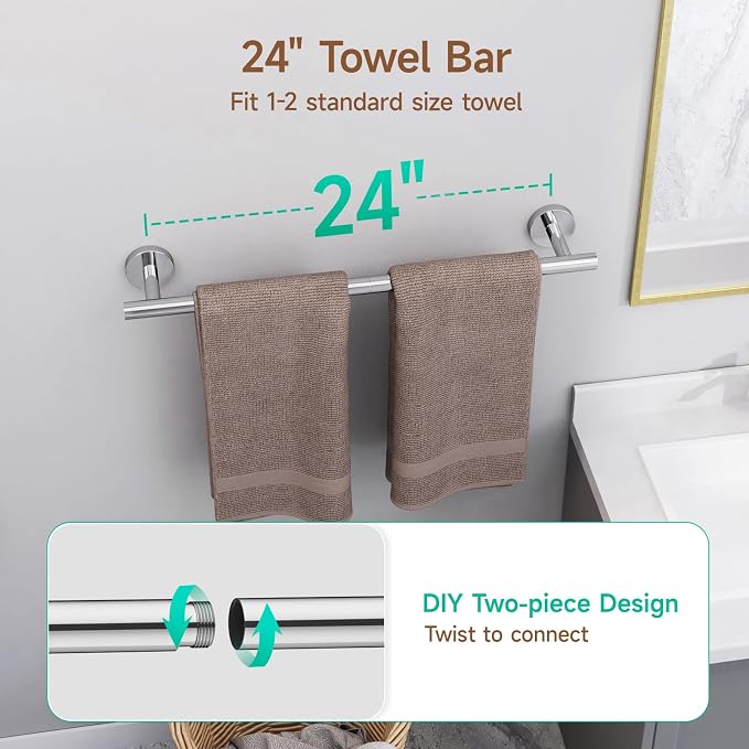 USHOWER Polished Chrome Bathroom Accessories Set, 24-Inch Towel Bar Set Wall Mounted, Durable SUS304 Stainless Steel Bathroom Hardware Set, 4-Piece