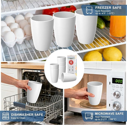 Wheat Straw Unbreakable Cup, 20 OZ Reusable Water Drinking Glasses Sets of 6, Lightweight Glass Cups, Alternative to Plastic Cups, Dishwasher Safe Tumbler for Kitchen Outdoor Camping, White