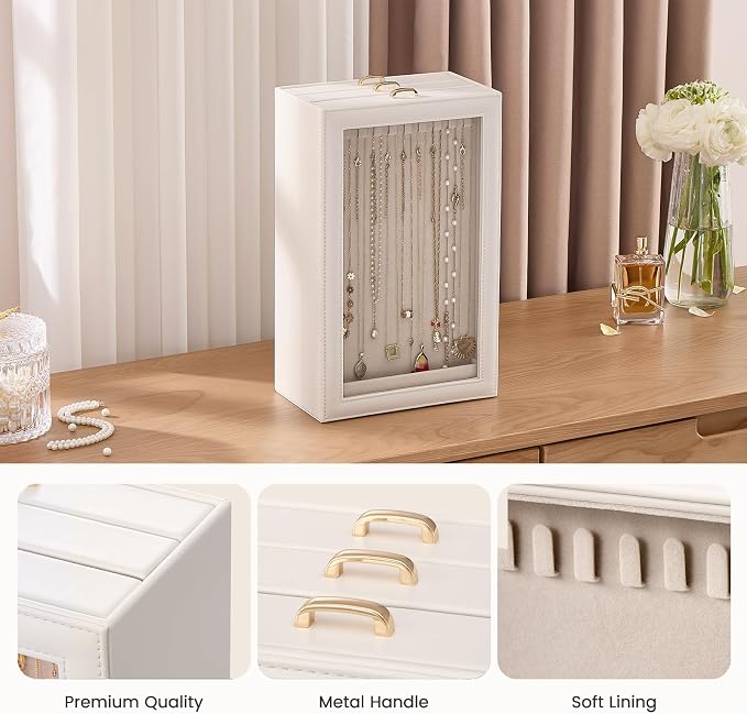 Lolalet Necklace Organizer Box, Jewelry Storage Box with Clear Window for Necklaces Bracelets, Tangle-Free Necklace Display Case for Women Girls, White, 3 Layers 30 Hooks