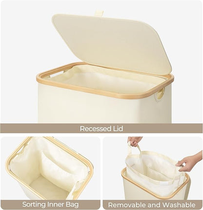 StorageWorks 100L Large Laundry Hamper with Lid, Tall Laundry Basket with Bamboo Handles and 1 Removable Inner Bag, Collapsible Laundry Hamper for Clothing, Towels, Beige, 1-Pack