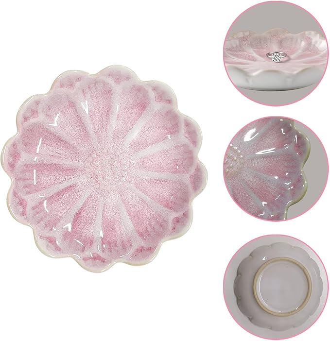 Lotus Ceramic Jewelry Tray, Small Trinket Jewelry Ring Holder Organizing Dish, for Parents Daughter Friends Sister, Birthday Gifts for Women, Retro Blue & Pink