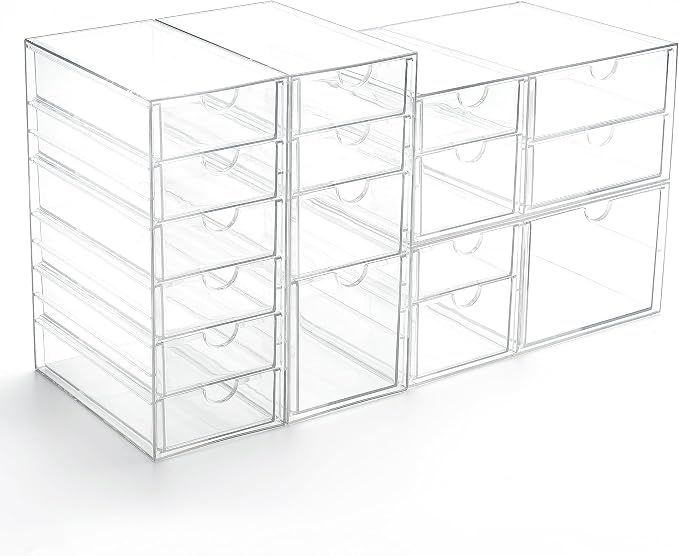 Prsildan Acrylic Drawer Organizer with 17 Drawers, Craft Office Desk Makeup Organizers Accessories, Set of 4 Clear Stackable Storage Drawers for Vanity, Countertop, Jewelry, Art Supply Organization