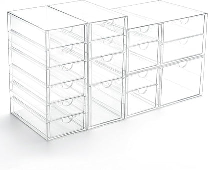 Prsildan Acrylic Drawer Organizer with 17 Drawers, Craft Office Desk Makeup Organizers Accessories, Set of 4 Clear Stackable Storage Drawers for Vanity, Countertop, Jewelry, Art Supply Organization