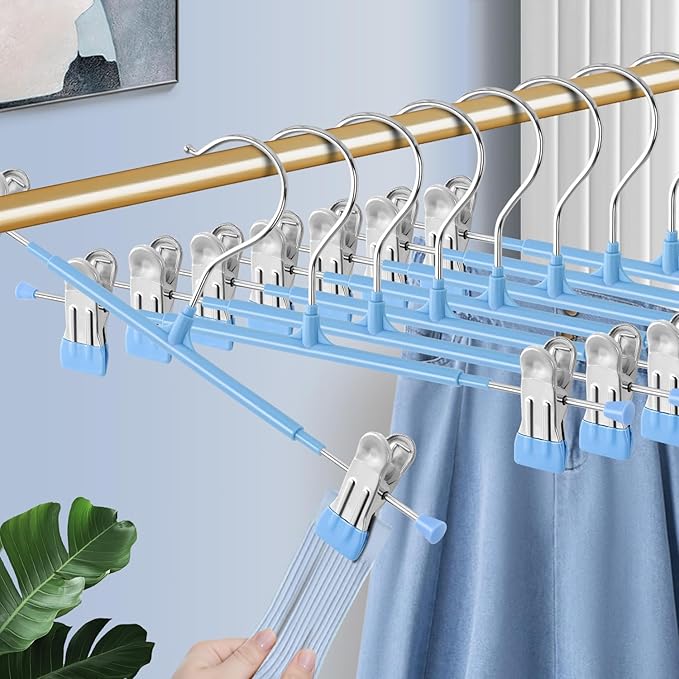 10PACK 14Inch Pants Hangers with Clips Adjustable Skirt Hangers for Women Black Metal Non-Slip Trousers Hanger Heavy Duty Space Saving Clothes Hanger for Shorts,Jeans,Sky Blue