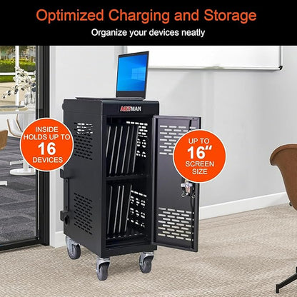 Aokleo 16 Devices Laptop Charging Cart,Tablet Storage Carts for pad Up to 16.3" Screen Size, Classroom Computer Mobile Charging Station for Pads, Chromebooks,Laptops, Security Storage(16 Bay-Black)