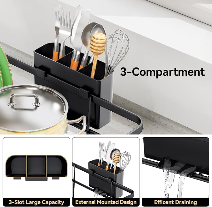 TOOLF Dish Drying Rack, Dish Racks for Kitchen Counter, Stainless Steel Sink Organization and Storage Essentials with Cutlery Holder, Dish Drainer, Home and Appartment Decor, 12.4''W x 16.5''L, Black