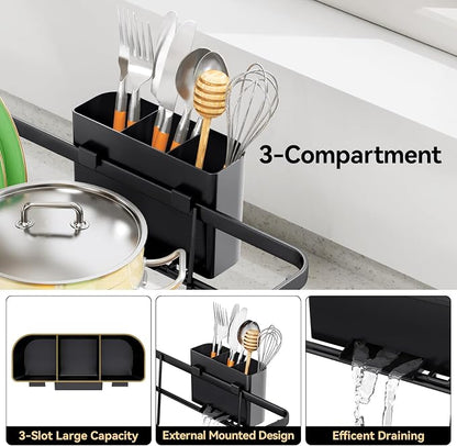TOOLF Dish Drying Rack, Dish Racks for Kitchen Counter, Stainless Steel Sink Organization and Storage Essentials with Cutlery Holder, Dish Drainer, Home and Appartment Decor, 12.4''W x 16.5''L, Black