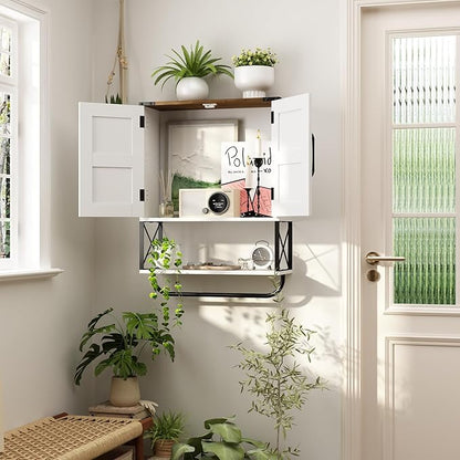 RUSTOWN Farmhouse Medicine Cabinet with 2 Barn Door, Boho Wood Wall Mounted Storage Cabinet with Adjustable Shelf and Towel Bar, 3-Tier Bathroom Cabinet for Bathroom (White and Walnut)