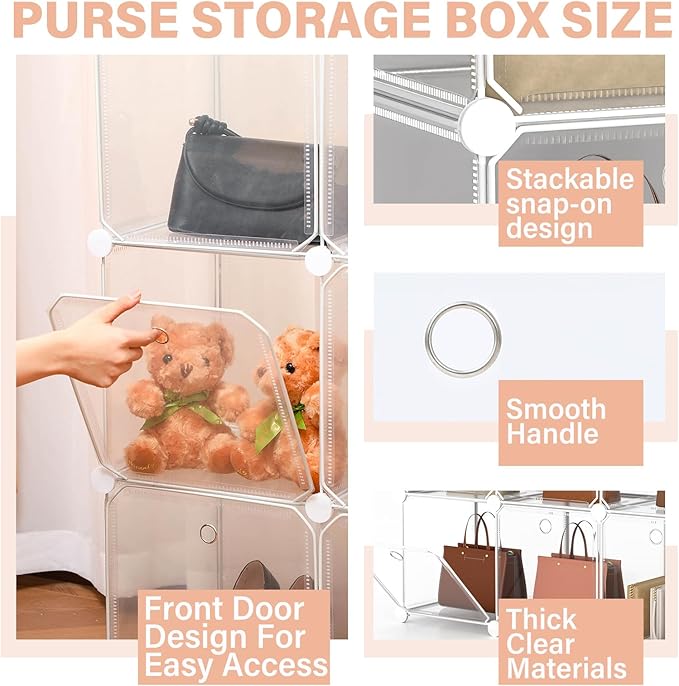 8 Pack Purse Organizer for Closet Purse Storage Box with Door Clear Display Case Handbag Organizer Dustproof Storage Bins for Hat Wallet Book Toy Cosmetic