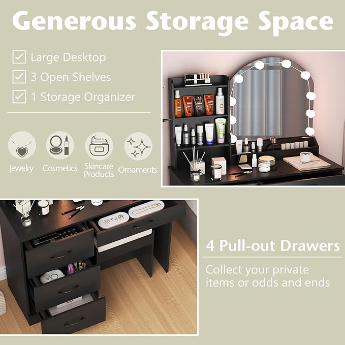 COSTWAY Vanity Desk with Mirror and Lights, Dressing Table with Charging Station, 3 Shelves, 1 Tabletop Storage Organizer, 4 Drawers and Stool, Bedroom Makeup Vanity Set for Girl, Teen, Women (Black)