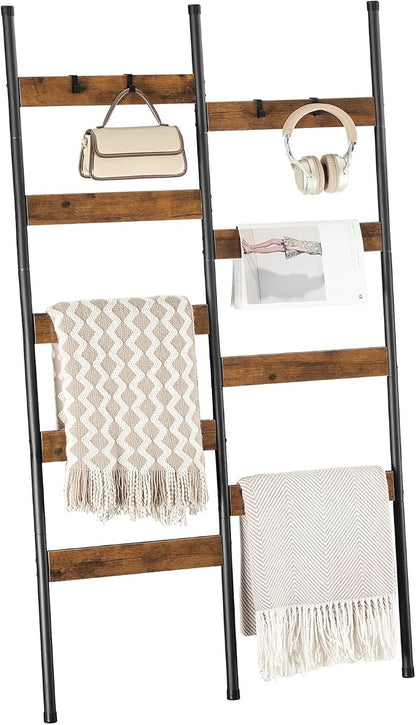 HOOBRO Blanket Ladder, 33.9" L Wall-Leaning Towel Rack, Double Row Blanket Rack for Large Capacity, Metal Frame, Anti-Tip Design, Blanket Holder for Living Room, Bathroom, Rustic Brown BF17CJ01