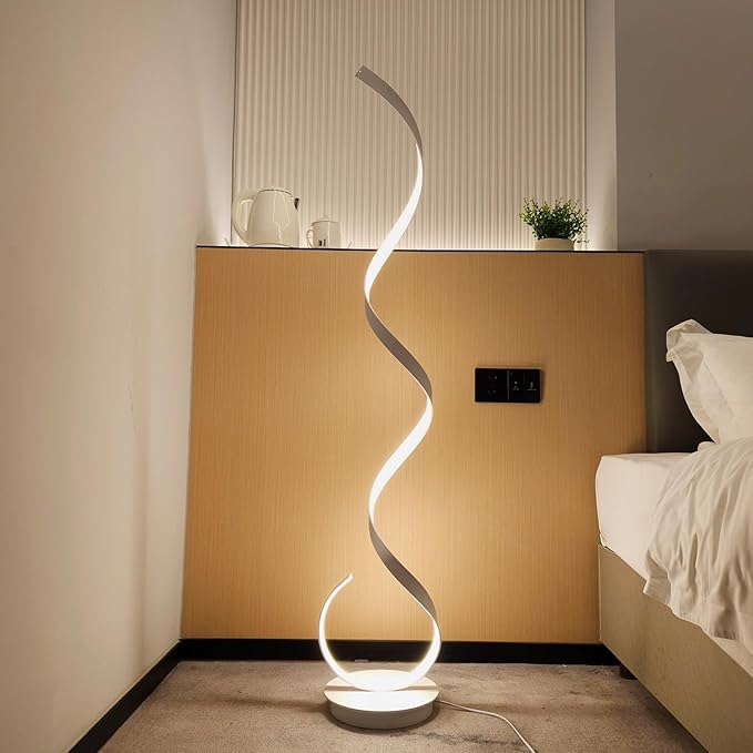 57inch Spiral LED Floor Lamp, 3 Light Color Remote Dimmable Torchiere Super Bright for Beside Living Rooms Offices (White)