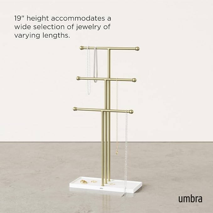 Umbra Trigem Hanging Jewelry Organizer Tiered Tabletop Free Standing Necklace Holder Display, White/Gold