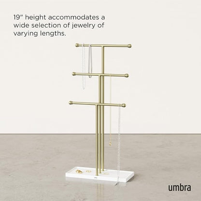 Umbra Trigem Hanging Jewelry Organizer Tiered Tabletop Free Standing Necklace Holder Display, White/Gold