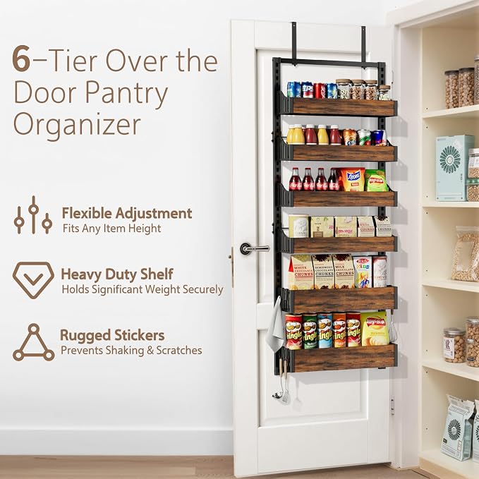 Over the Door Pantry Organizer: Pantry Organization and Storage with Hanging Basket - 6-Tier Adjustable Shelves Metal Spice Rack for Kitchen Laundry Room Bedroom & Bathroom