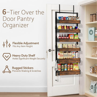 Over the Door Pantry Organizer: Pantry Organization and Storage with Hanging Basket - 6-Tier Adjustable Shelves Metal Spice Rack for Kitchen Laundry Room Bedroom & Bathroom