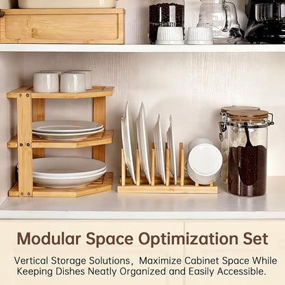 Bamboo Plate Holder Set,3 Tier Corner Shelf & Vertical Plate Stand,Sustainable Dish Organizer for Cabinet,Countertop,Small Space Organization,Durable Dish Rack for Cups,Cutting Boards ,Books - 2 Set