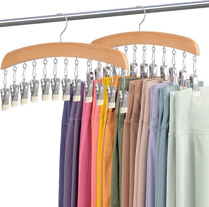 MEILIDY Leggings Hangers, Wooden Closet Hanging Leggings Storage Organizer Scarf Hangers with 24 Clips, 360° Swivel Hook, Burlywood, 2 Pcs