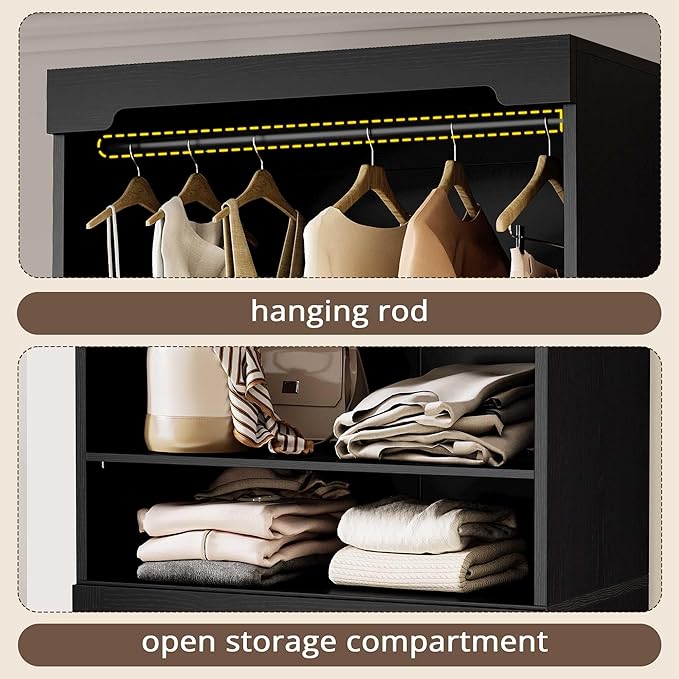 IRONCK Freestanding Closet System with 3 Wood Drawers, Modern Armoire Wardrobe with Adjustable Shelves & Hanging Rod, Walk-in Closet Systems Organizer, Black